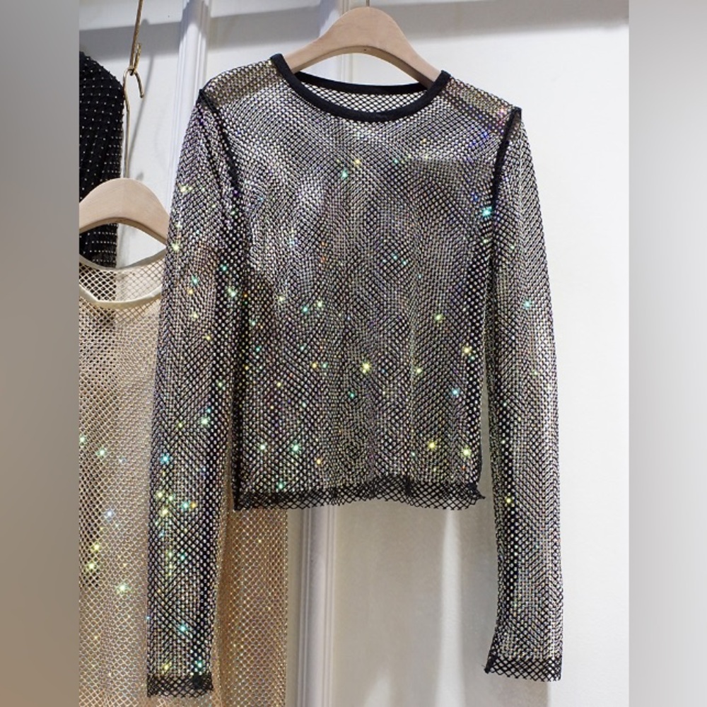 Hot Rhinestone Round Neck Starlight Hollow Shiny Shirt Lady Top Mesh Beach Party - Picture 2 of 4